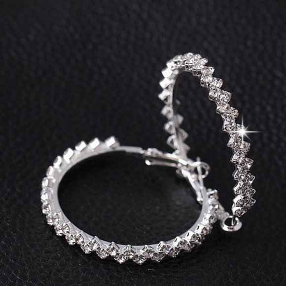 NEW 2'' Silver Round Diamond Hoop Earrings - Picture 5 of 9